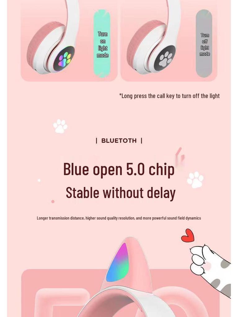 STN-28 Luminous Cat Ear Wireless Bluetooth Headset with Heavy Bass, Over-ear, Sport & Card Slot