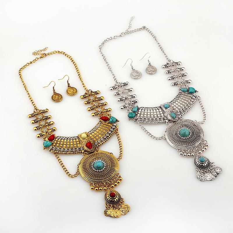 Style Ethnic Simulation Gemstone Decoration Women Necklace And Earring Set