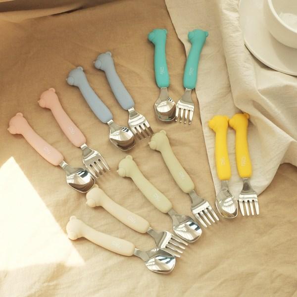TGM Portable Silicone Stainless Steel Bear Spoon and Fork + Case, Coral Pink, Spoon + Fork + Case, 1 Set