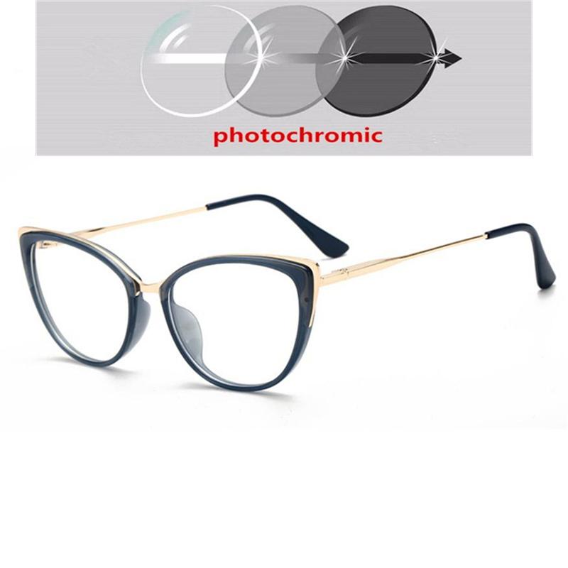 Anti-Blue Light Cat Eye Prescription Spectacle Women Myopia Lens Photochromic Glasses Diopter 0 -0.5 -0.75 -1.0 -2.0 To -6.0