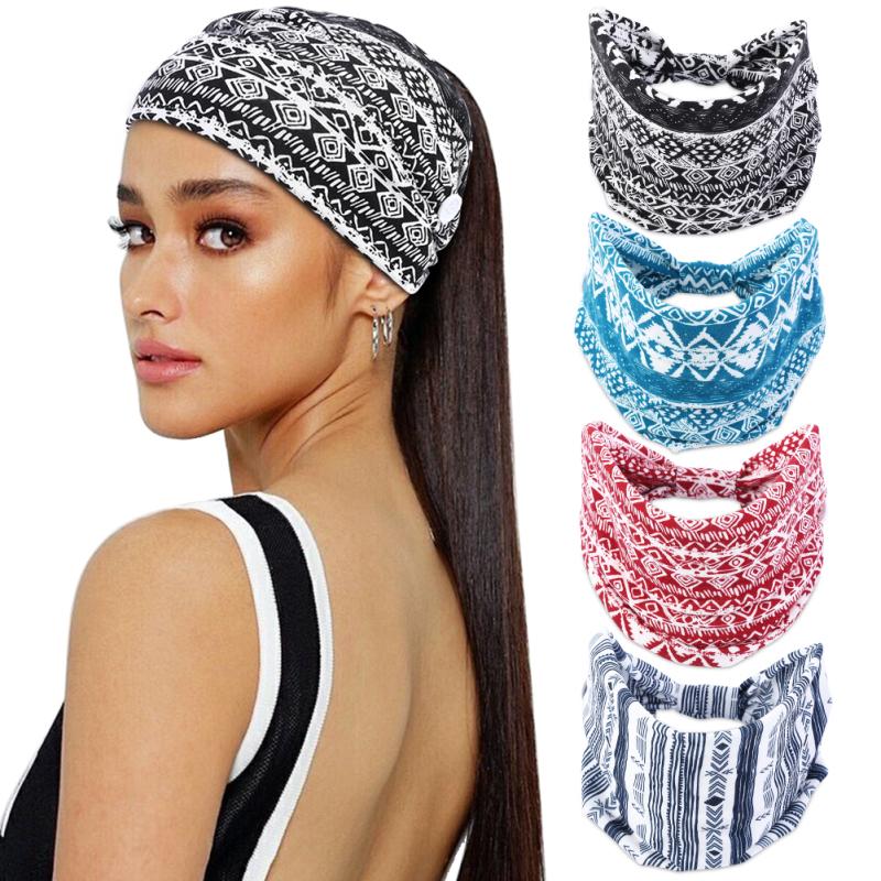 4 шт., женская повязка для волос, модная широкая эластичная повязка на голову в стиле бохо с кнопкой для занятий йогой и спортом