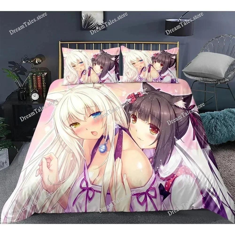 Милый аниме-кот горничная узор NEKOPARA Комплект постельного белья Игровой принт Пододеяльник и наволочка Декор для спальни для отаку подростков741