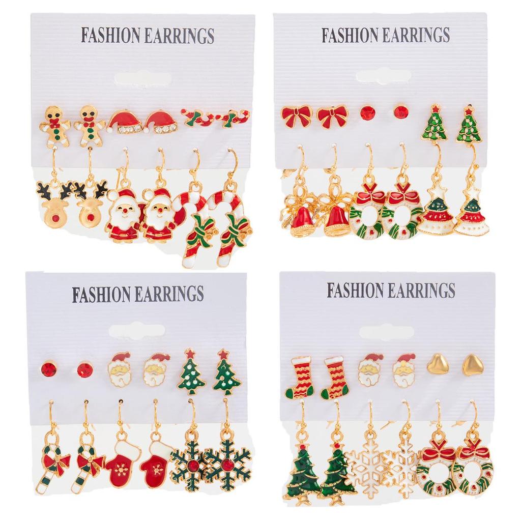 Christmas Reindeer & Santa Claus Stud Earring Set - Festive Cartoon Snowflake Bell Design for Women