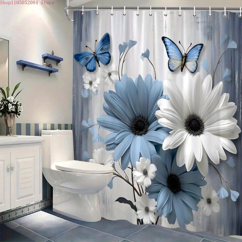 1pc blue white daisies butterflies shower curtain polyester- With Hooks Waterproof Mildew Proof Easy Install Washable