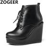 Autumn Wedges Boots Women Platform Fashion Lace-up Women's Short Boot High Heels Sexy Black Height Increasing Party Shoes Ladies
