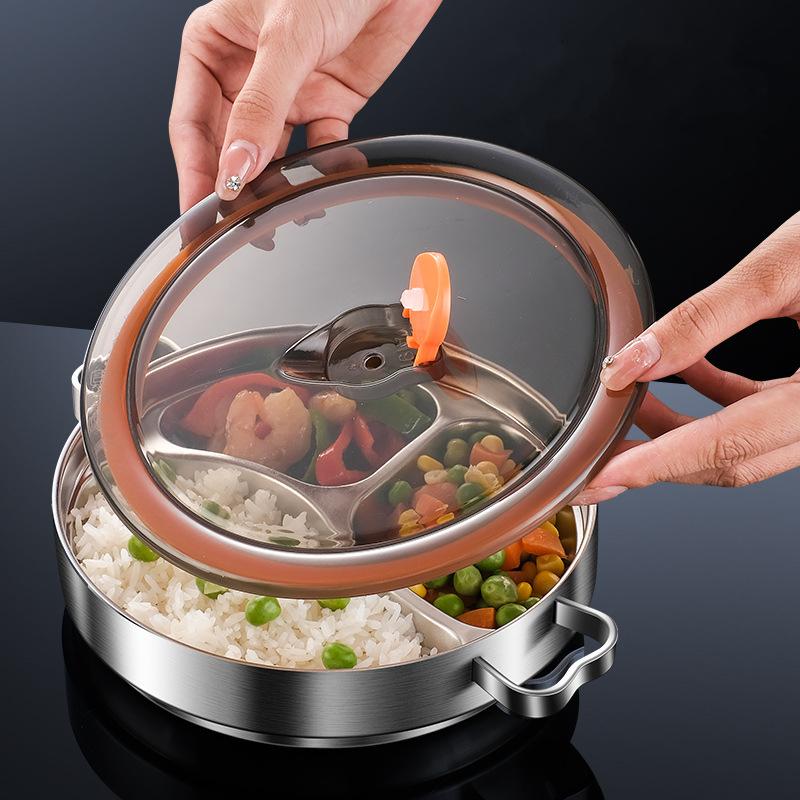 Поднос для обеда из нержавеющей стали 304 с крышкой, контейнер для ланча, тарелка для еды для школьной столовой, 3 решетки, поднос для бенто, столовая посуда