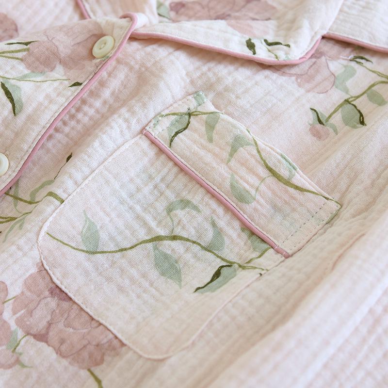 Женский весенне-осенний пижамный комплект из хлопковой марли - Топ с длинным рукавом и брюки