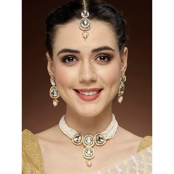 Latest Stylish Traditional Gold-Plated Kundan Studded Handcrafted Necklace Earrings with Maang Tikka Jewellery Set for Women & Girls