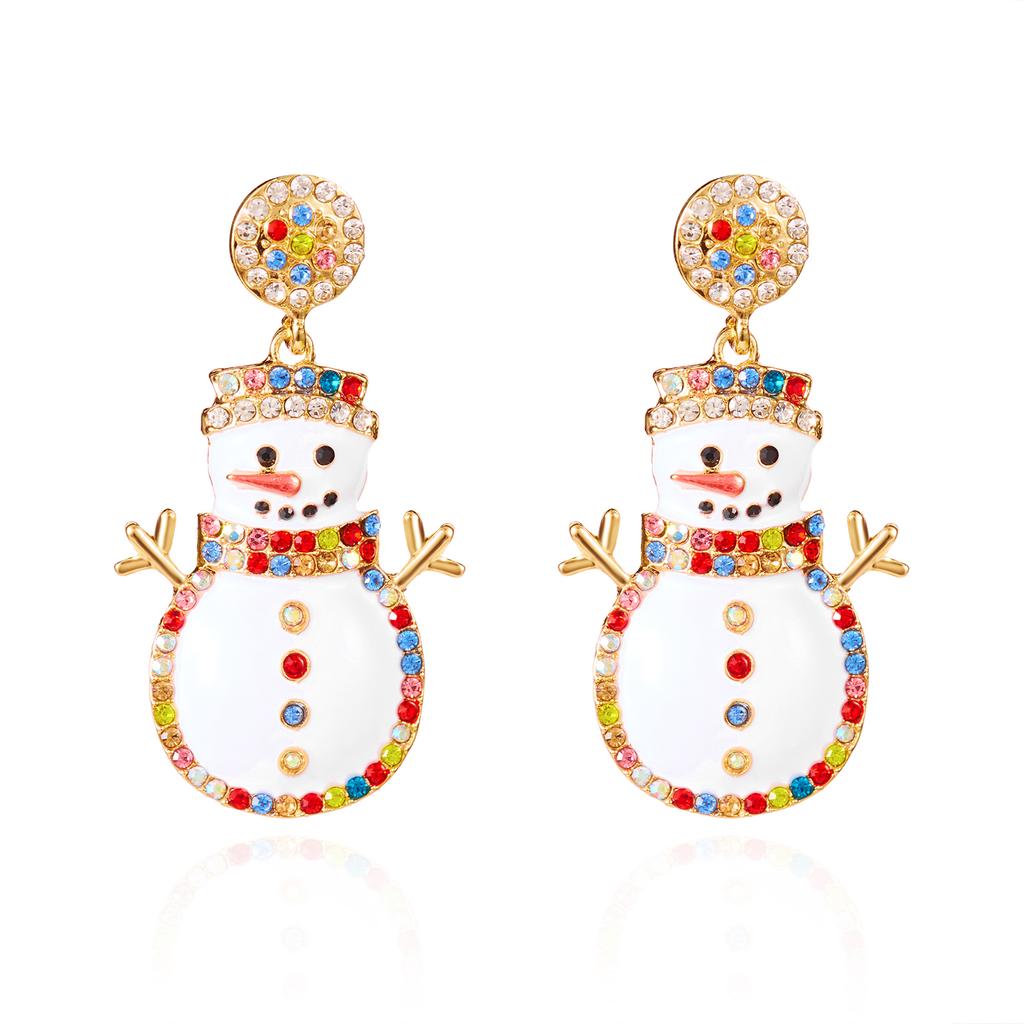 Christmas Colorful Crystal Rhinestone Drop Oil Snowman Earrings for Women Holiday New Year Party Jewelry Gift