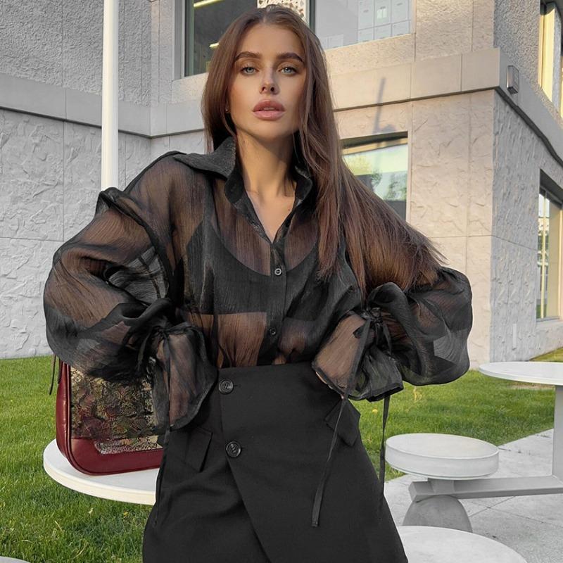 Модная сексуальная прозрачная повседневная свободная рубашка женская винтажная с рукавами-фонариками на шнуровке женские блузки элегантные тонкие летние топы женская одежда 26255