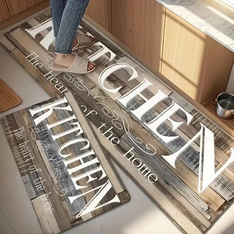 2 Pcs Rustic Wood Grain Kitchen Rug Set Non-Slip Oil Proof Washable "The Heart of the Home" Print Floor Mats