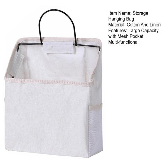 Storage Hanging Bag Large Capacity with Mesh Pocket Multi-functional Bedside Cotton Linen Organising Storage Bag