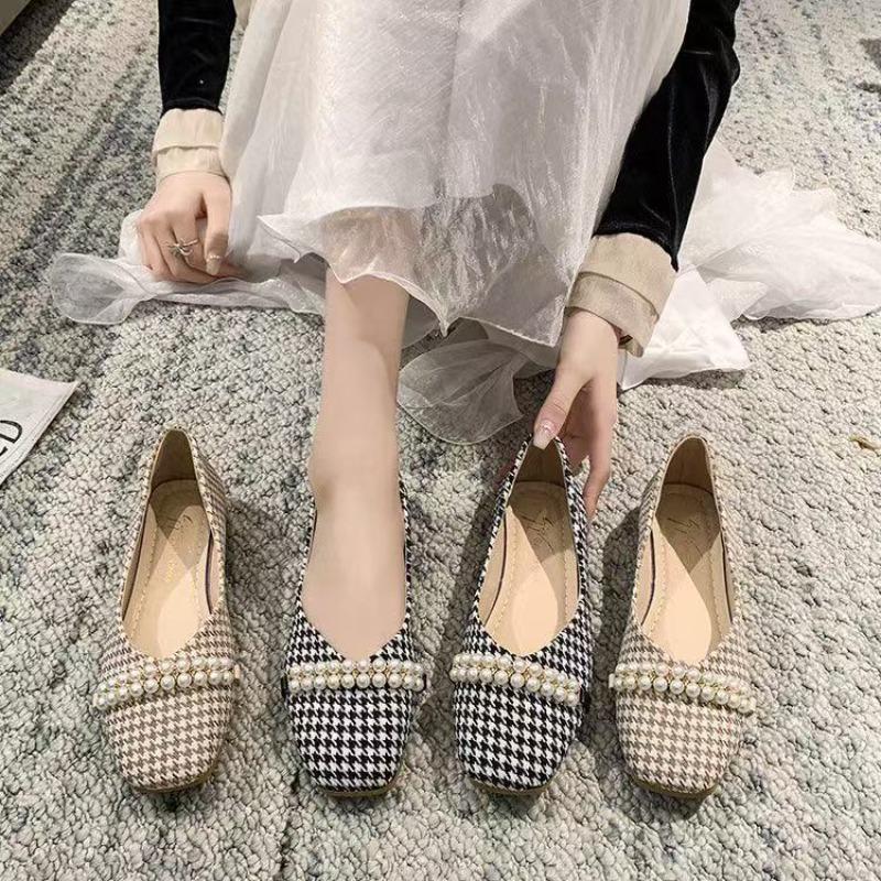 Single Shoes Women's Spring New Pearl Pointed Head Shallow Mouth Flats Fashion Thousand Bird Grid Mary Jane Shoes