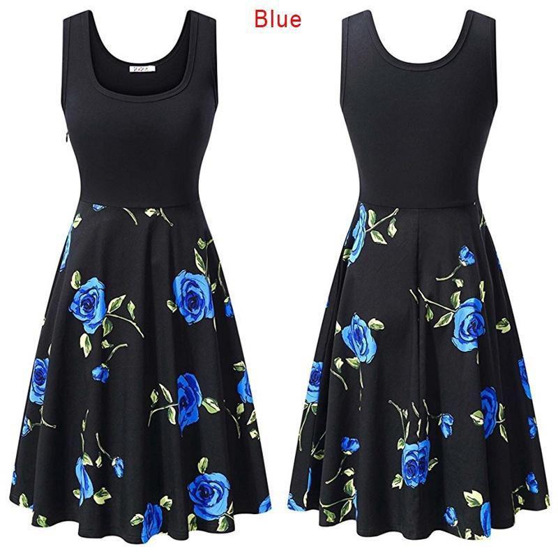 Womens Retro Floral Print Sleeveless Cotton Dress With Round Neck For Summer Vintage Style