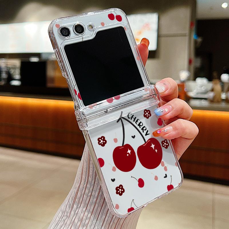 For Samsung Galaxy Z Flip6 Flip5 Flip4 Flip3 3PCS Folding Bowknot Cherry Pattern Transparent Hard Plastic Slim Phone Case Cover