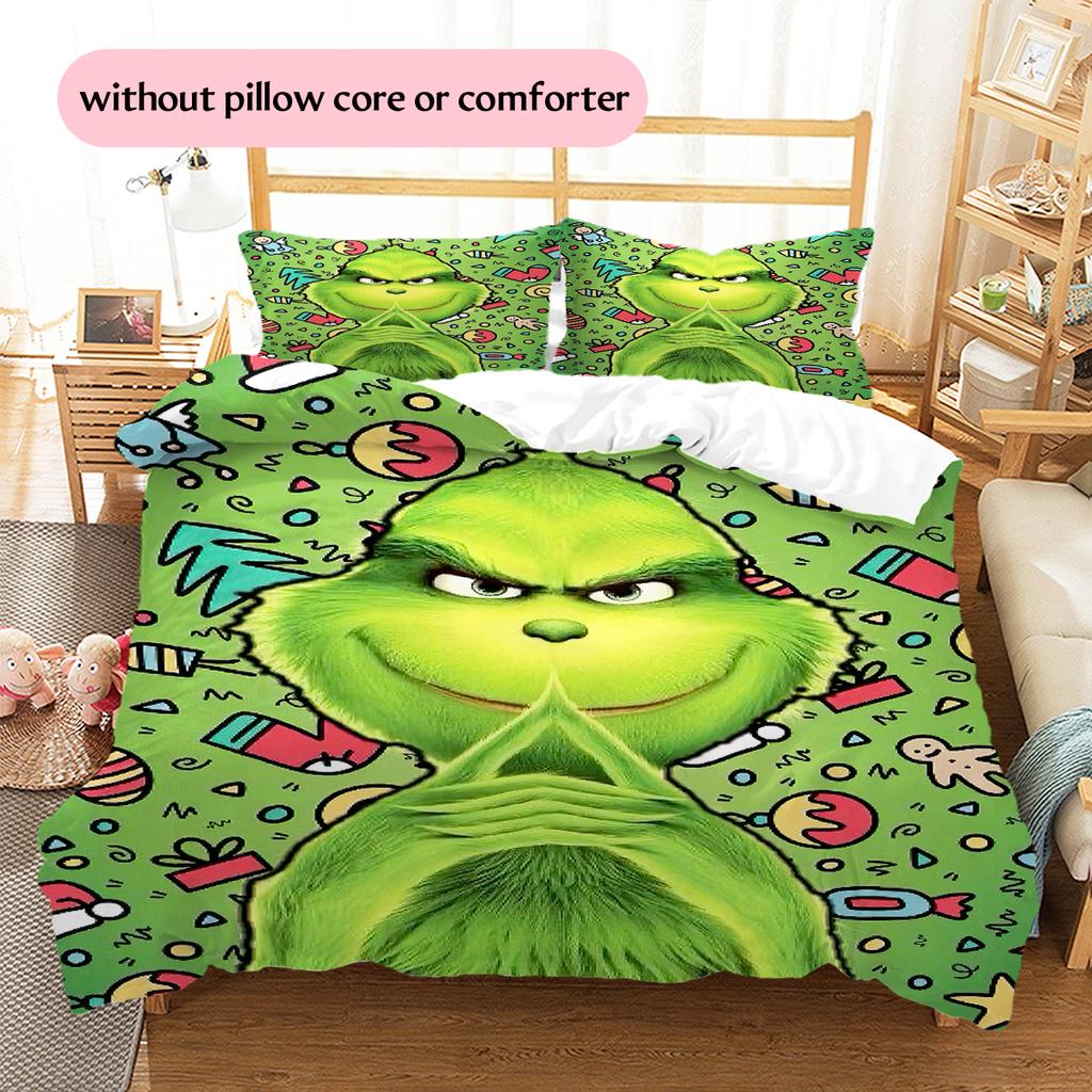 1PC Grinch pattern Bedding Quilt Set Quilt Cover Pillowcase Home Decoration Birthday Gift (1 * duvet cover + 2 * pillowcase, without core)