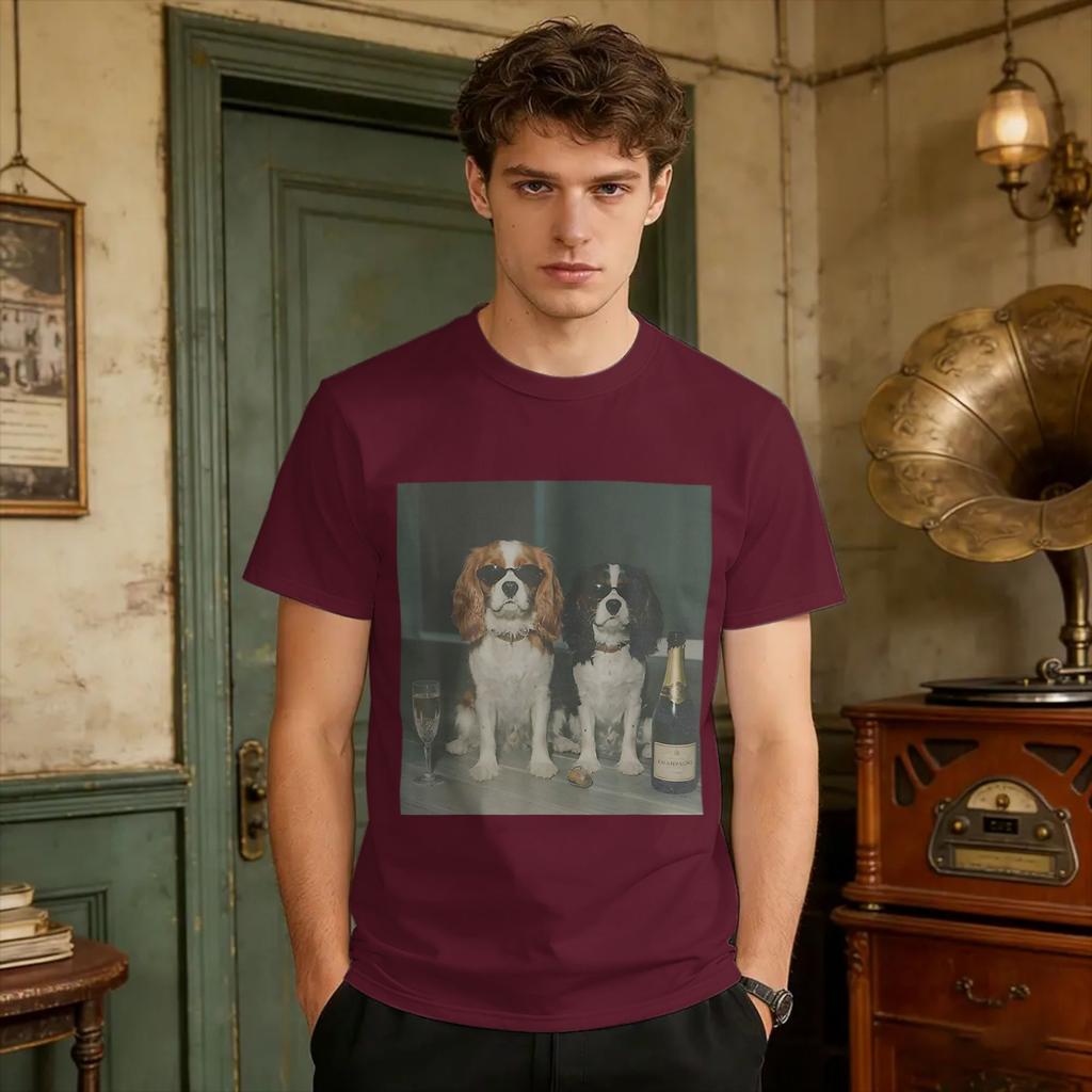 Harajuku Tshirt Beach Cavalier King Charles Drinking Champagne Funny Dog Meme Tshirt T Shirts Cotton Tshirt For Male Clothes