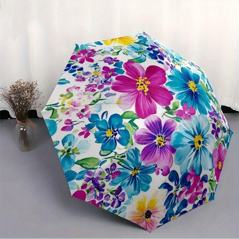 1pc Watercolor Flowers Automatic Folding Umbrella - 8-Rib Iron Frame, Portable Sunshade with Plastic Handle yy250731218