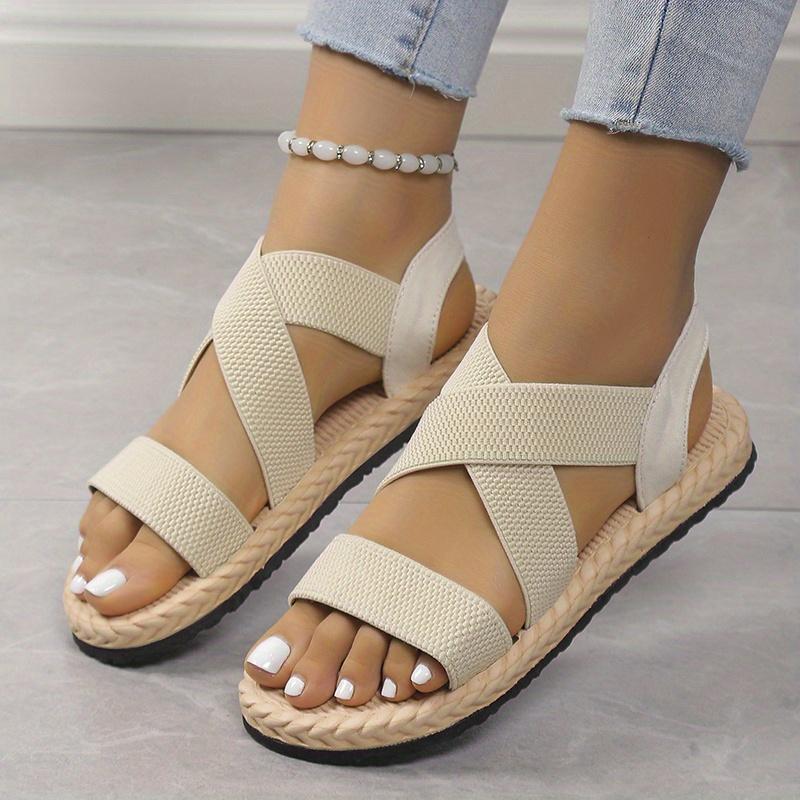 Женские повседневные сандалии на плоской подошве с эластичными ремешками-крест-накрест и открытым носком. Удобные пляжные сандалии.