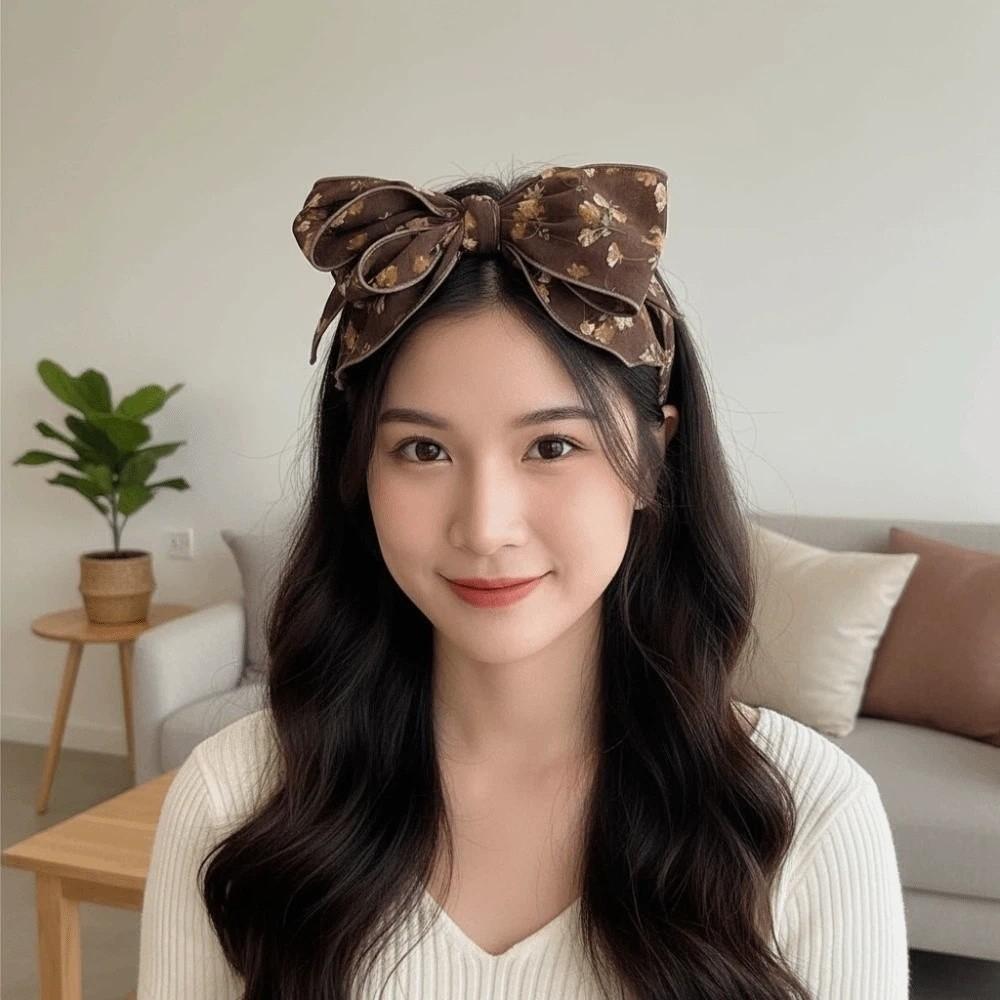 Creative Bownot Wide Hair Hoop Headwear Floral Printed Hairband Three-layer Bow Headband for Gifts