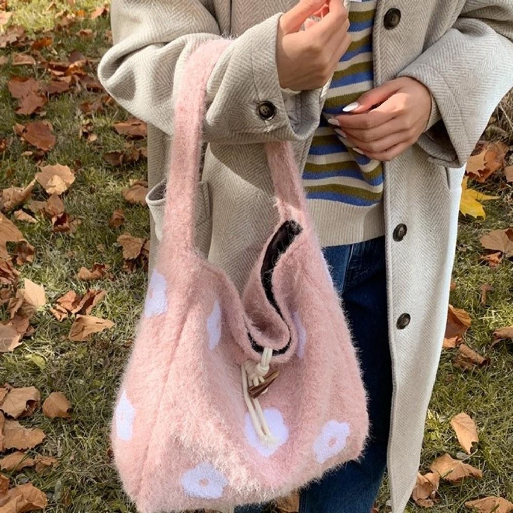 Large Capacity Plush Tote Bag Soft Polyester Lining Floral Handle Bag Underarm Bag Ladies Purse