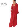 Women Evening Dress Deep V Neck Pleated Long Sleeves Solid Color High Waist Vacation Beach Party Maxi Dress Prom Long Dress