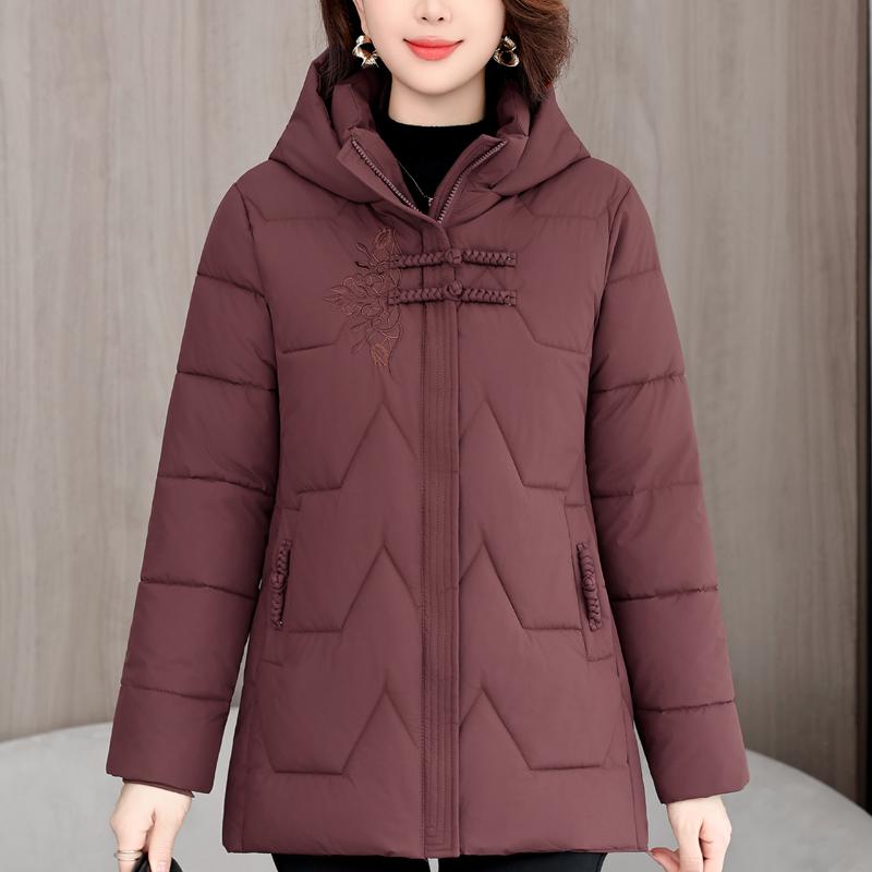 Женские зимние куртки среднего возраста с капюшоном, вышивкой, повседневная теплая парка, женское теплое пальто
