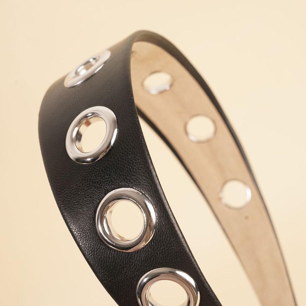 Solid Color Hollowed Out Eyelets Headband Grommet Pu Leather Hair Band Wide Head Band  Steampunk