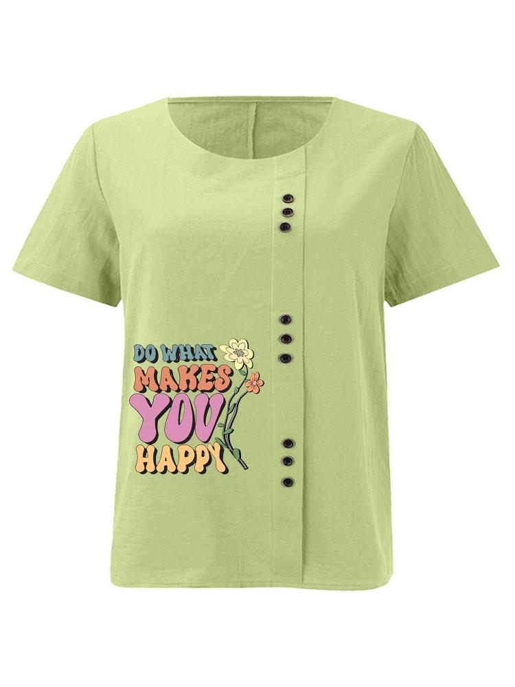 Women's Fashion Floral Alphabet Print Casual Cotton Linen Short Sleeve Round Neck T-shirt Shirt Leisure Loose Summer Blouse Tops