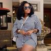 European and American large-size women's clothing long-sleeved lapel vertical striped cardigan shirt shorts women's European and American fashion