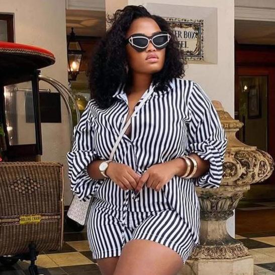 European and American large-size women's clothing long-sleeved lapel vertical striped cardigan shirt shorts women's European and American fashion