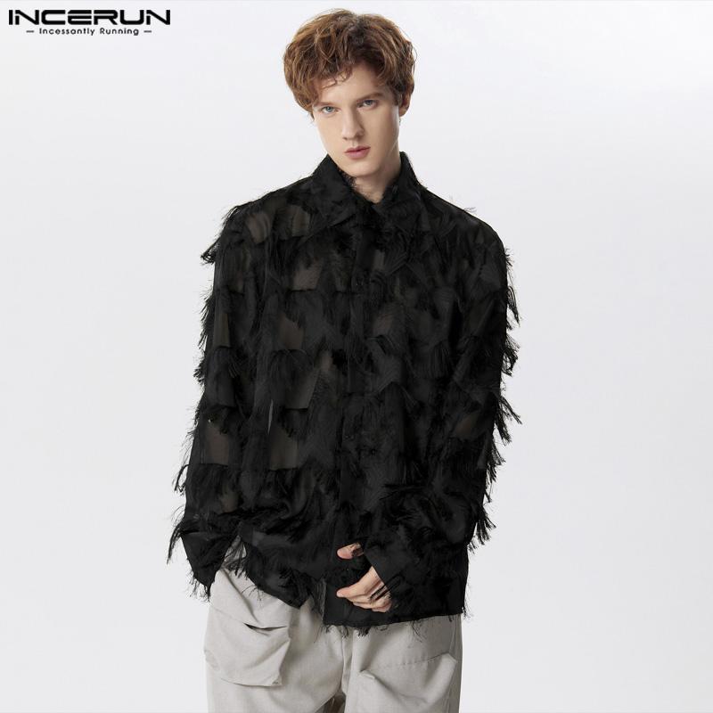 INCERUN Мужские рубашки с длинным рукавом и кисточками в стиле пэчворк с прозрачной сеткой