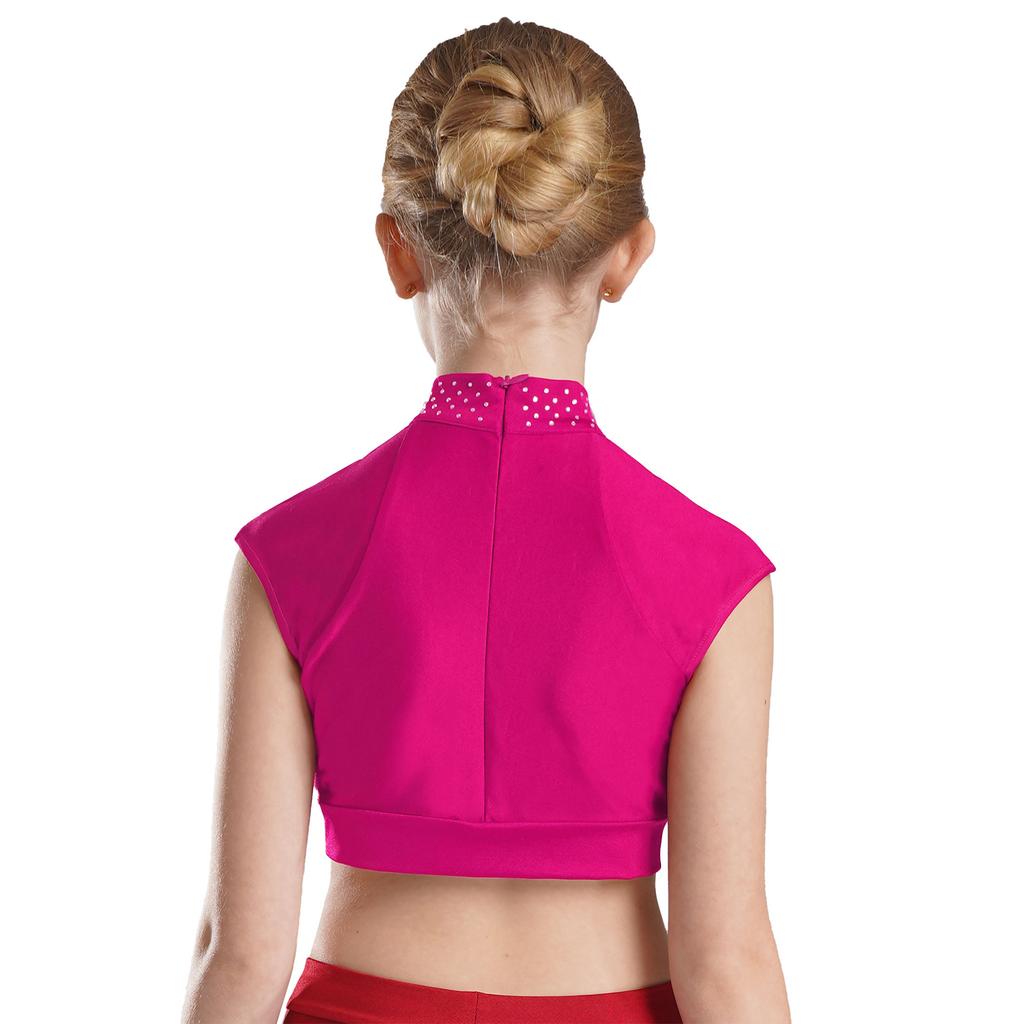 Girls Sleeveless Crop Top Shiny Rhinestones Cutout Design for Figure Skating Dance Gymnastics Performance Wear