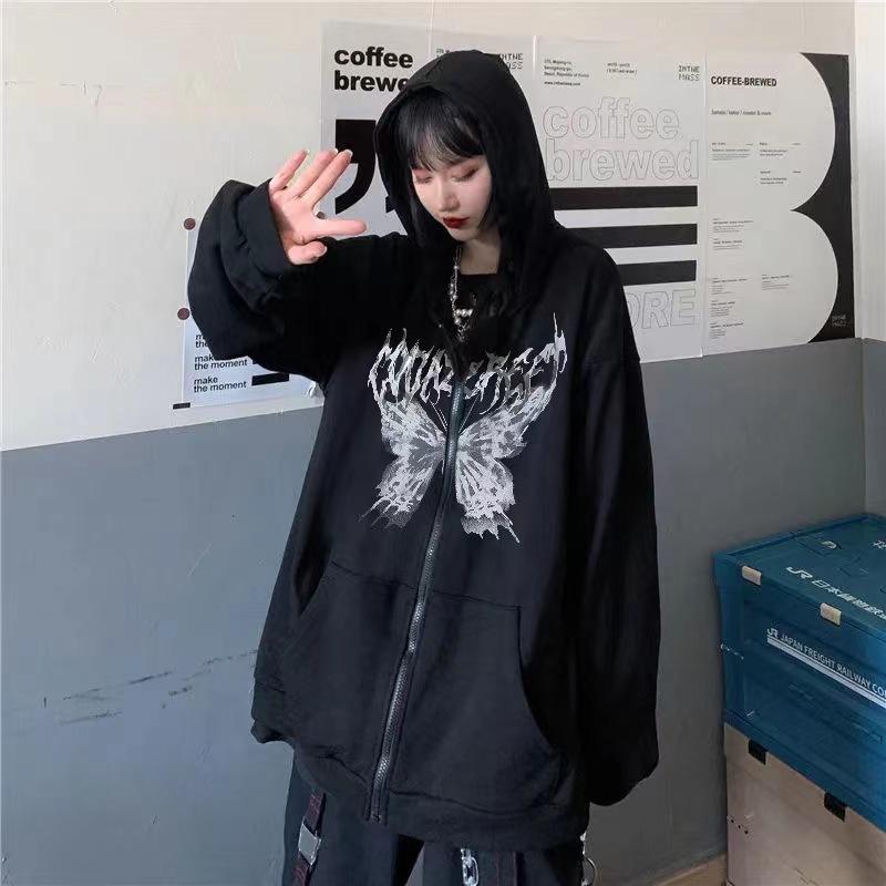 Dark Style Sweatshirt Ladies Hoodie Goth Couple Butterfly Skull Harajuku Large Size Zip Sweater