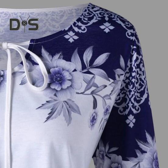 Женский топ с цветочным принтом, рукавами с рогами, трапециевидной формы, свободный подол, зашнуровать шею, облегающий крой, узкая талия, контрастный цвет, женская весенне-осенняя блузка, топ