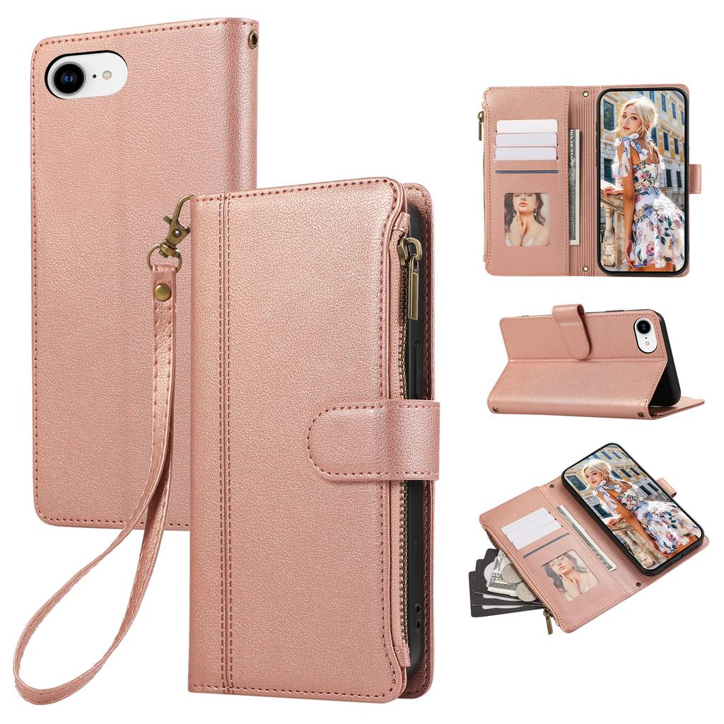 For iPhone 16e Case Multi Card Slots Zipper Leather Phone Cover with Wrist Strap