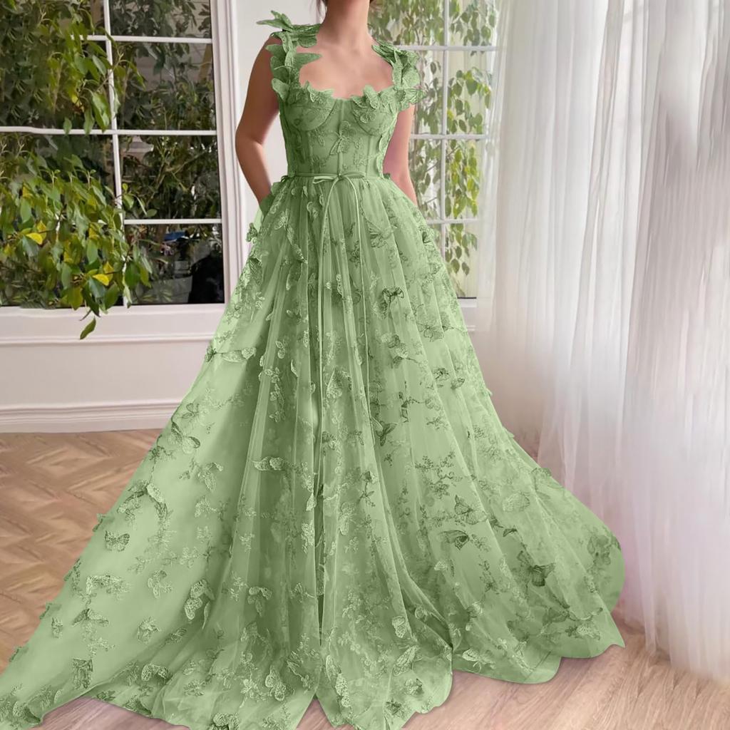 Женское вечернее платье высокого класса, изысканное выпускное вечернее платье, длинное выпускное платье из тюля с аппликацией из кружева и инкрустацией в виде 3D-бабочки