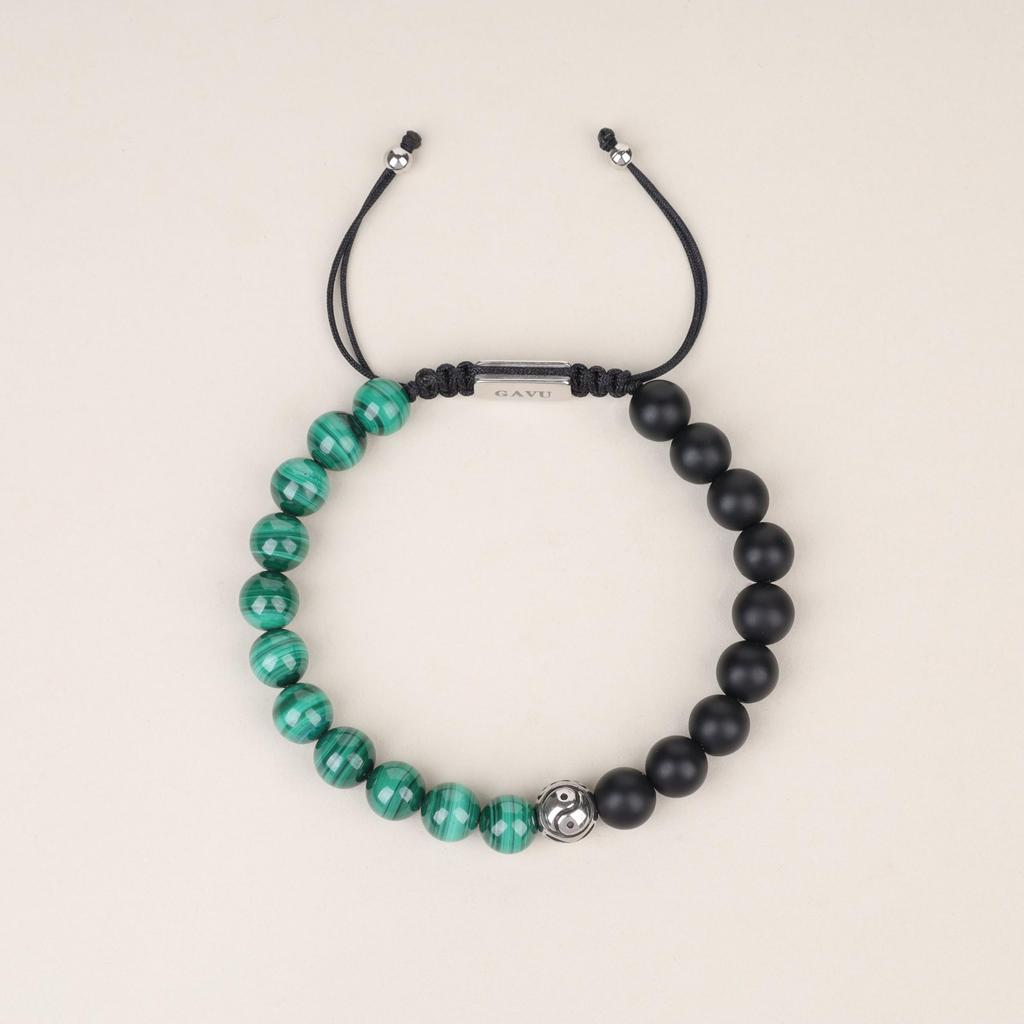 GAVU Men's Malachite Matte Onyx Tai Chi Yin Yang Power Stone Bracelet