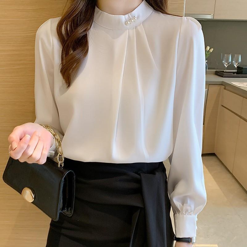 Satin Shirt Women Long Sleeve Pearl Embellished Elegant Office Wear For Spring 2026