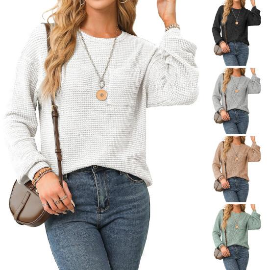 Женские топы с круглым вырезом и длинным рукавом, однотонная свободная футболка, эластичная повседневная блузка