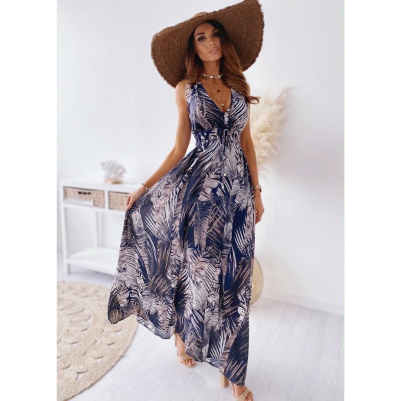 YYFS Women's Fashion Summer Spring Flower Pattern Print Sleeveless V-Neck High Waist Casual Dresses