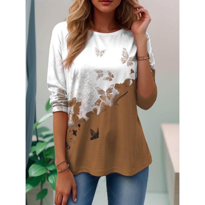 T-Shirt manches longues col rond femme, élégant, mode d'été, plantes papillon, Y2K, hauts décontractés, vêtements pour femmes, pull Harajuku