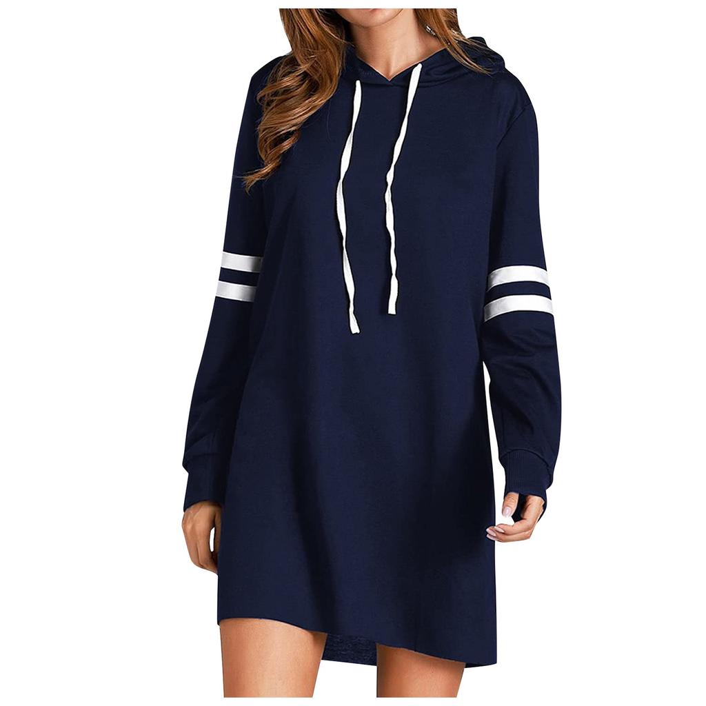 Women's Contrasting Color Long Sleeve Hooded Pocket Pullover Hooded Dress