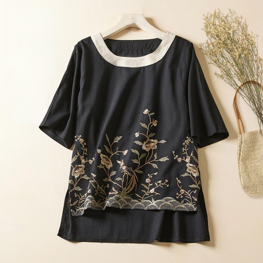 Повседневная хлопково-льняная рубашка, летний топ с вышивкой в ​​стиле ретро, ​​женская художественная блузка с круглым вырезом