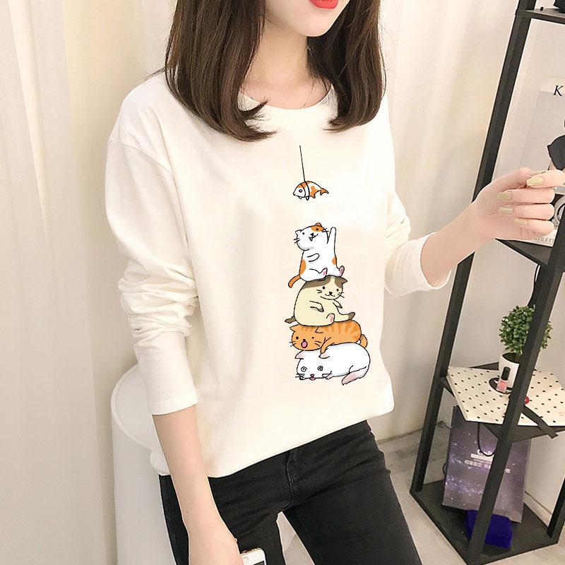 Осень 2023 г. Корейские топы с рисунком - женские футболки с длинными рукавами в однотонных цветах