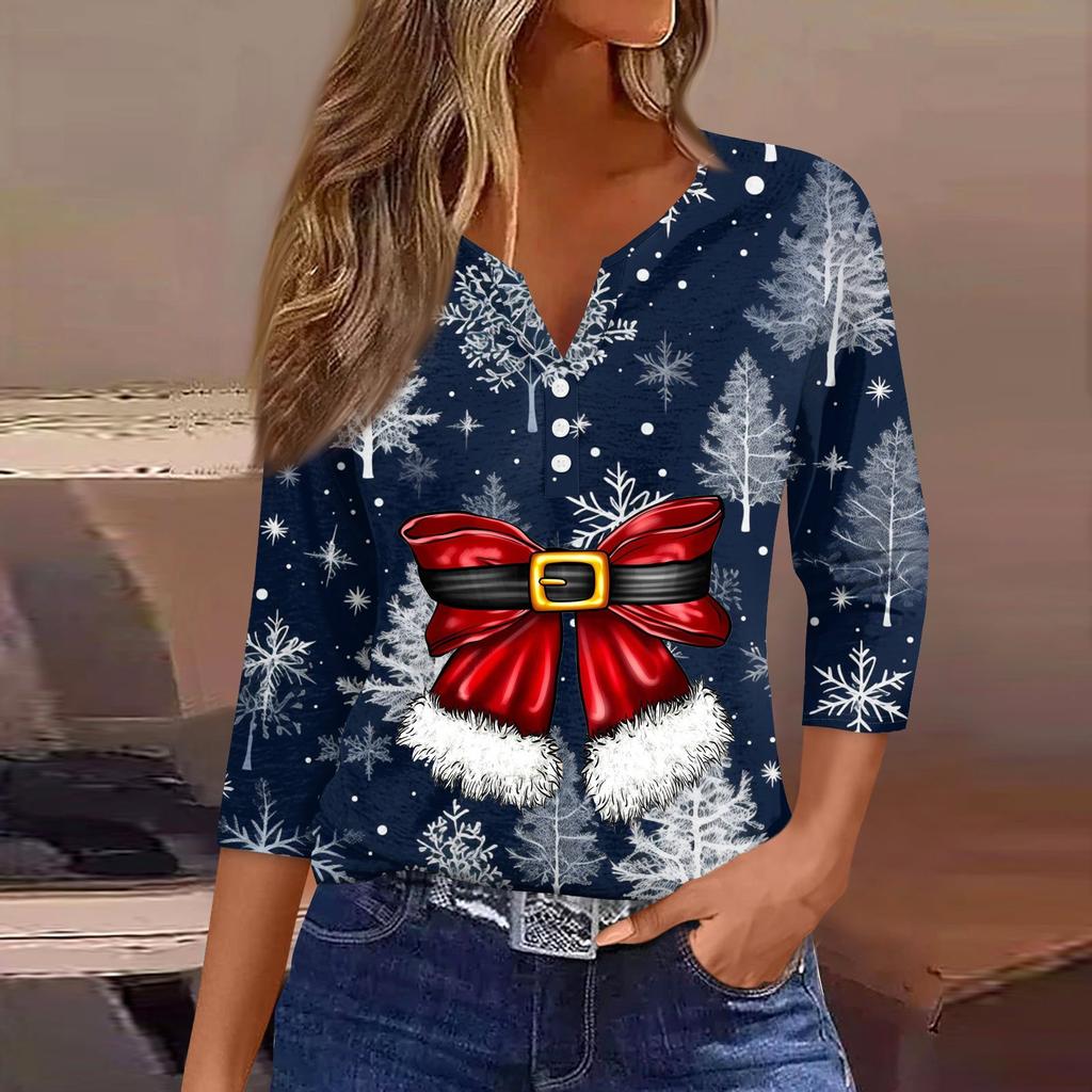 Женская рубашка с рукавом семь дюймов, напечатанная в стиле ретро, повседневная, свободная, с V-образным вырезом, рождественская