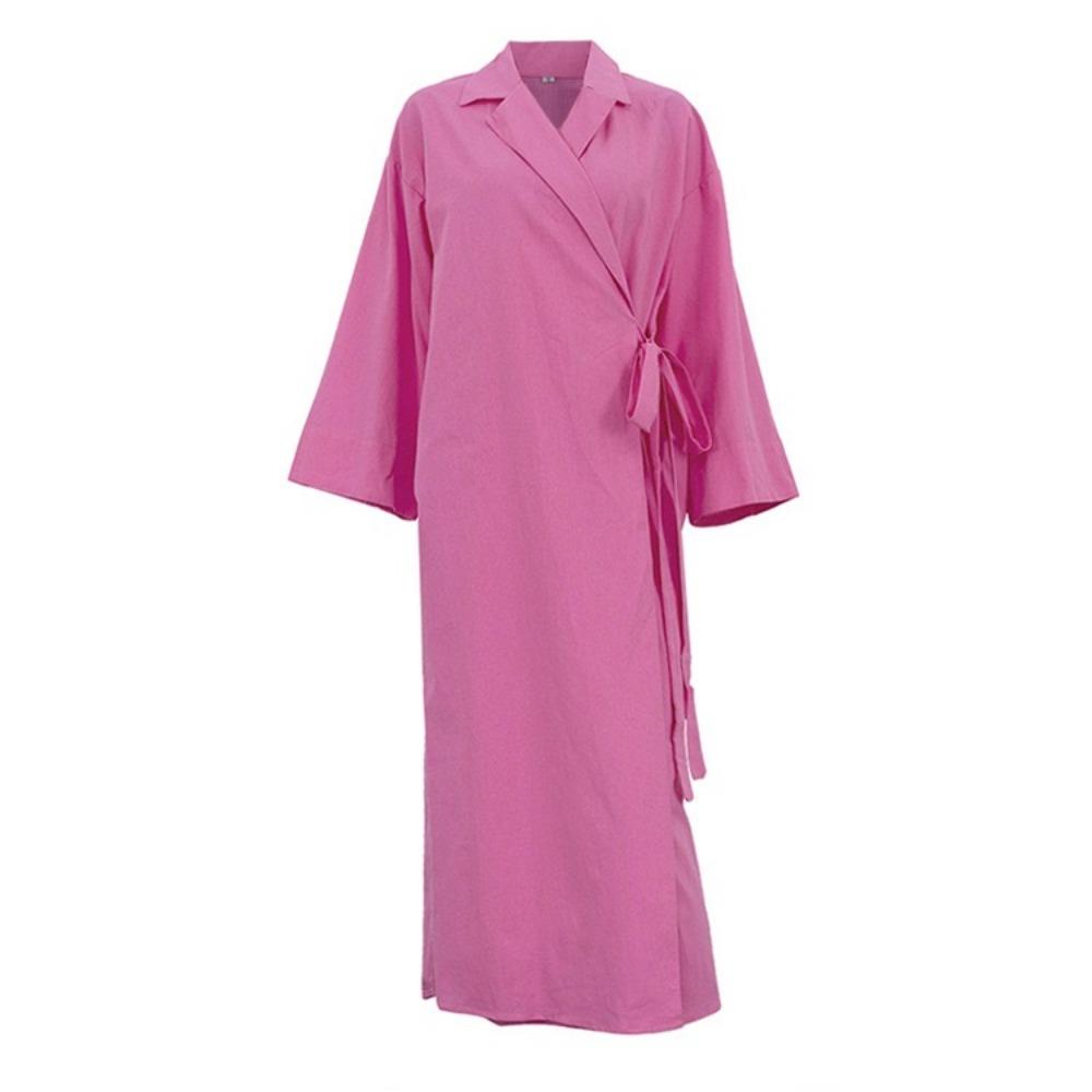 LYRIA Casual Loose Pink Cotton Dress Ladies Fashion Lapel Long Sleeve Ankle Length Dress Elegant Lace-Up Dresses For Women