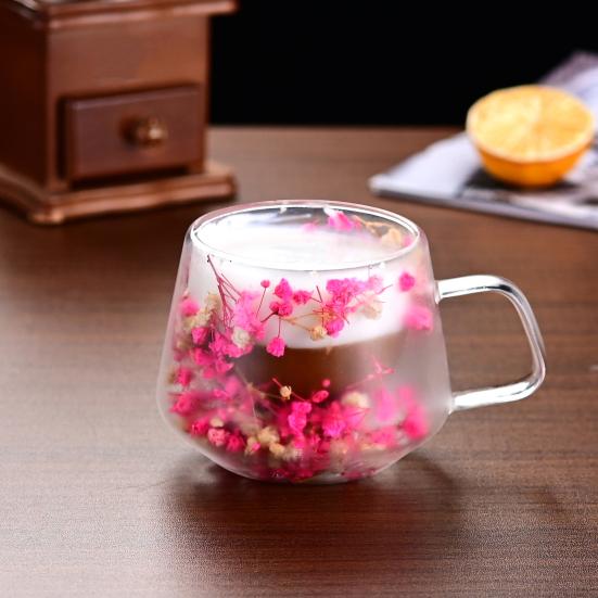 200ML Clear Glass Mug Double Wall Insulated Cup with Handle Aesthetic Dehydrated Flower Design Heat Preserving Tumbler for Coffee Tea