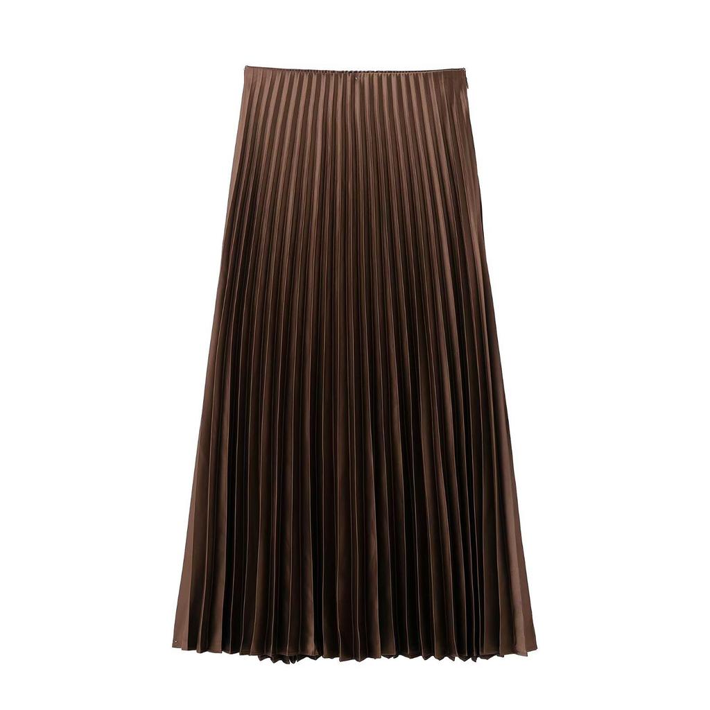 Весна 2025 Женская приталенная миди-юбка из шелкового сатина с плиссировкой и высокой посадкой