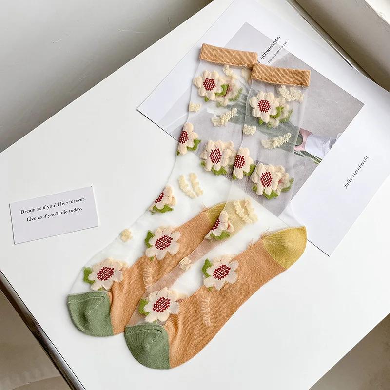 Кружевные носки женские летние ультратонкие прозрачные шелковые носки с цветочной вышивкой японский кавайный мультфильм милый стеклянный шелковый носок